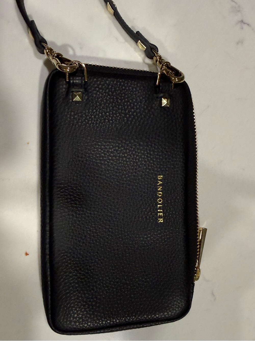 Bandolier Black Pebbled Leather Crossbody Phone Pouch with Gold Hardware